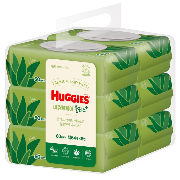 하기스 내츄럴케어 플러스 물티슈 캡형, 64매, 6팩