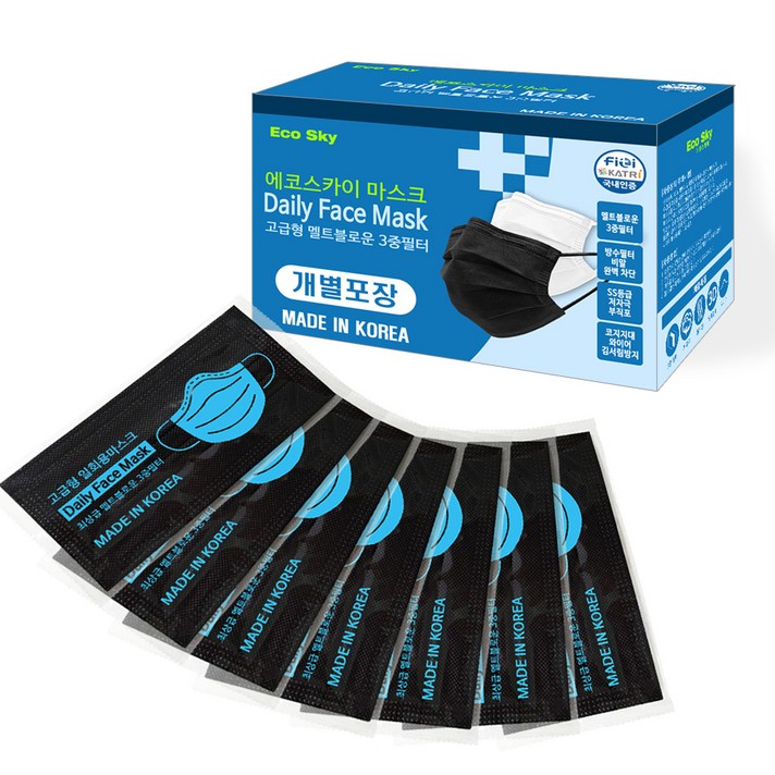 에코스카이 3중필터 일회용 마스크, 50개입, 1개, 블랙