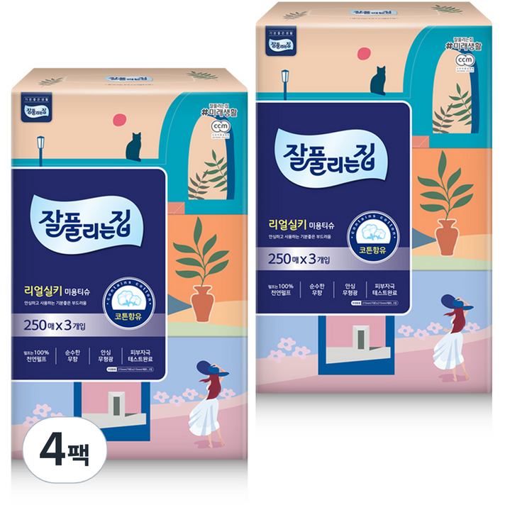  잘풀리는집 리얼실키 천연펄프 미용티슈 250매, 12개 