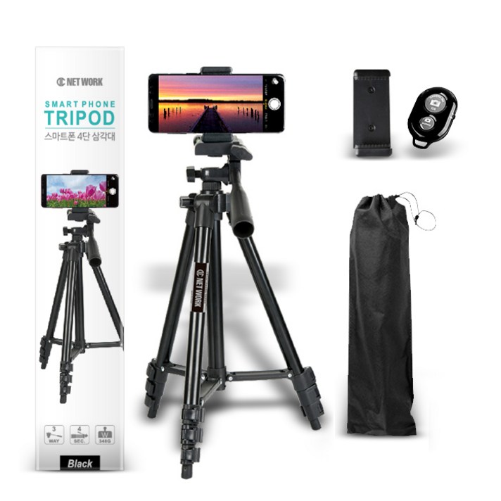디씨네트워크 4단 스마트폰 삼각대 + 파우치 + 홀더 + 블루투스 리모컨 랜덤발송 세트, DC-TP4001(블랙)