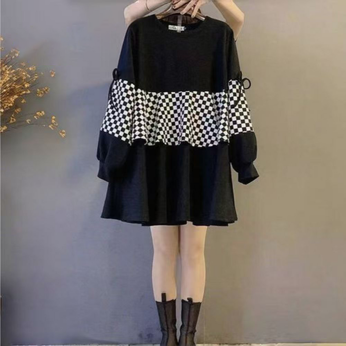 오스틱니 90kg까지 날씬해보이는 맨투맨 원피스 여성 가을 겨울 편한 간절기 체크 긴팔 라운드 넥 기모 롱티 롱맨투맨 루즈핏 제인드 가을옷 빅사이즈 캐주얼 패션 데일리 상의옷