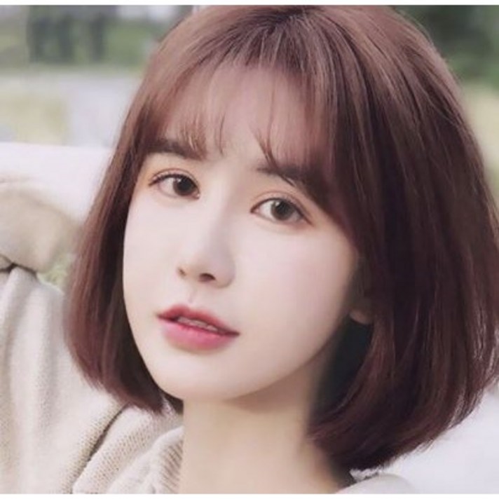 한수위 여성용 C컬펌 단발 통가발, 다크브라운