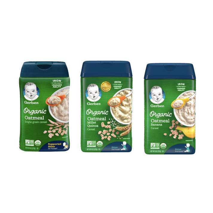 거버 오가닉 오트밀 시리얼 이유식1단계/2단계 227g Gerber x 2팩 3종옵션, 오트밀 바나나 1개 + 오트밀 퀴노아 곡물 1개