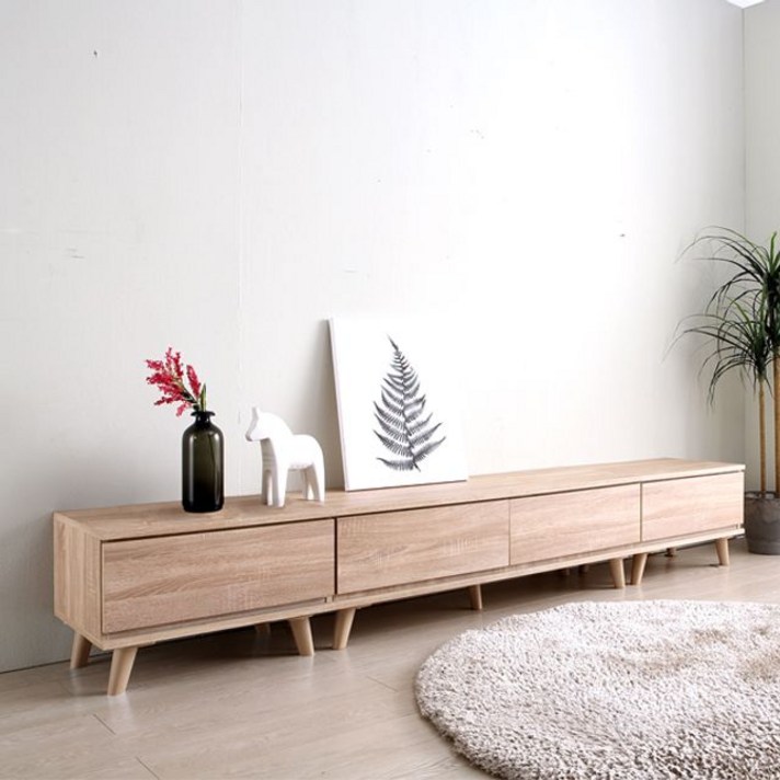 북유럽 원목 우드슬랩 거실장 라탄 2400 폭 좁은 안방 미니 tv 낮은 티비 장 다이, 네추럴