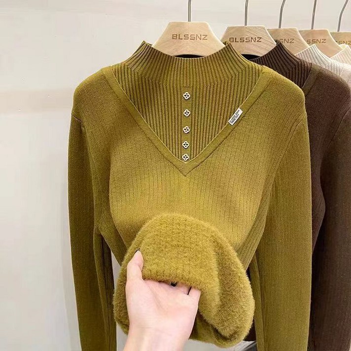 AURALA 여성 가을 겨울 일체 기모 반폴라 니트 상의 두꺼운 스웨터 보온 내의 엄마 저고리