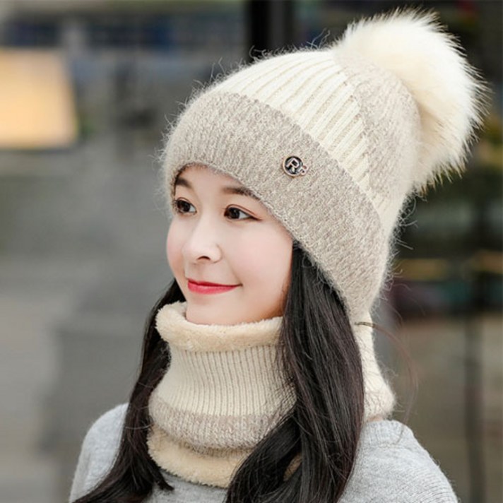 스피소 여성 겨울 모자 넥워머 세트 큐빅모자 방울모자 털모자 니트모자 방한모자