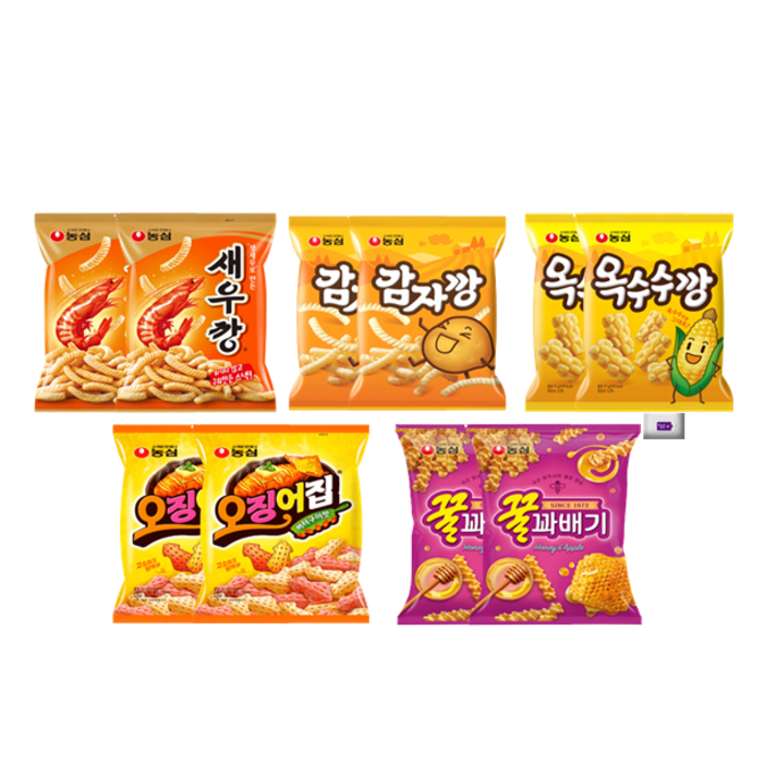 농심과자 5종세트 꿀꽈배기2개+오징어집2개+감자깡2개+옥수수깡2개+새우깡2개+그레잇물티슈(10매), 1세트