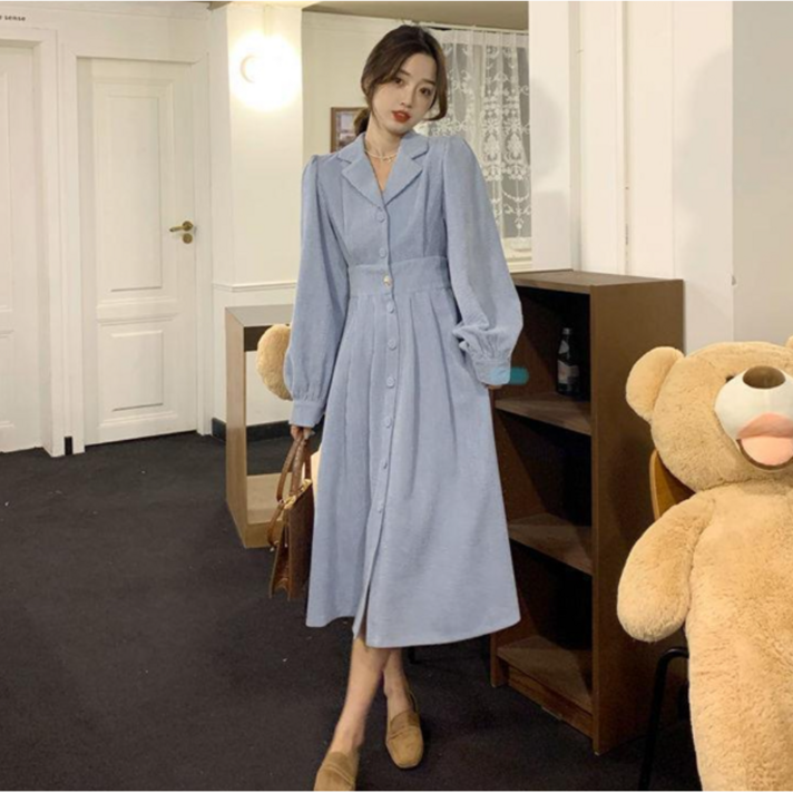  챠밍윤 여성 진주 단추 포인트 밴딩 카라넥 롱 원피스 3color 