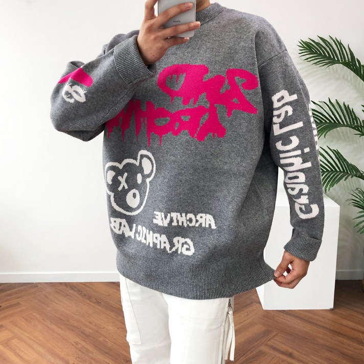 루즈핏 ARCV 곰돌이 그래픽 두툼 헤비 자가드 니트 3color