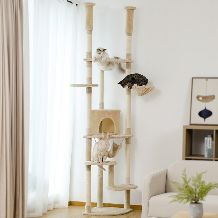 PAWZ Road 6단 대형 플러시 패브릭 캣폴,천장 고정형 트윈 기둥 높이 조절 캣타워 236CM258CM,스크래쳐 기둥숨숨집해먹, 1개, 베이지