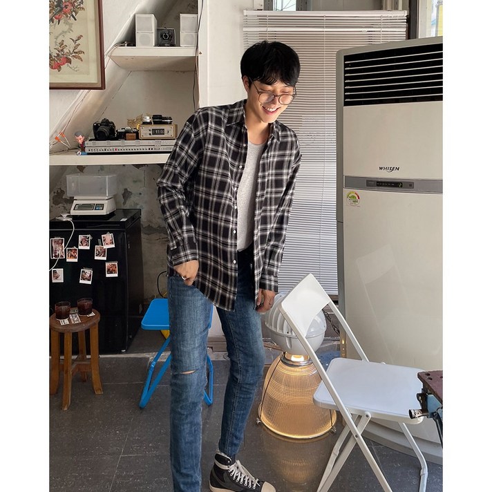 체크 검정 그레이 오버핏 남자 난방 가을 봄 커플 코디 빈티지 올드 남방 셔츠