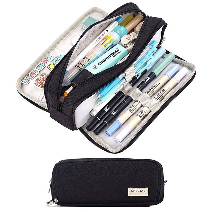 패브릭 대용량 마카롱 기능성 중학생 고등학생 필통, 블랙