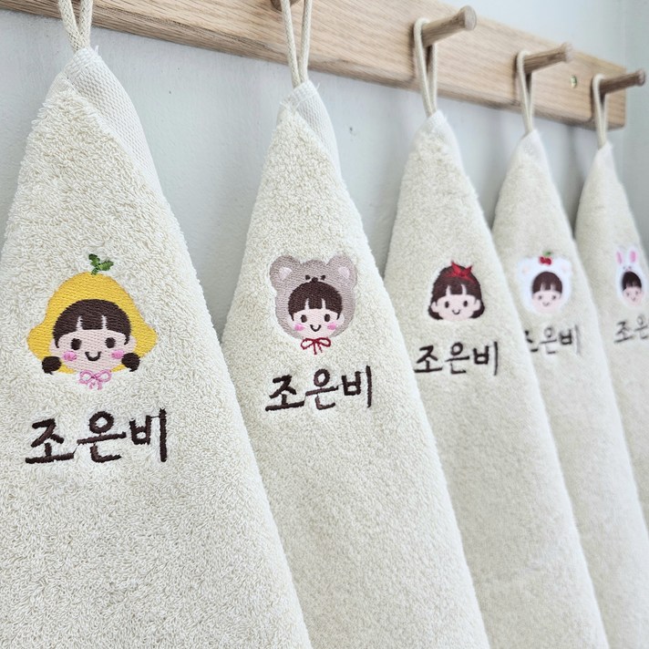 쁘띠맘 무염핸드타올5장 어린이집수건 40수 코마사 이름자수 고리수건 네임수건 타올 수건 유치원수건 영신타올, 1세트, 무염핸드여아세트