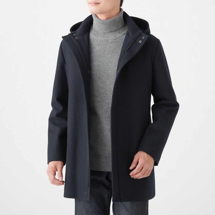 무인양품 MUJI 남성 프렌치 멜턴 울 혼방 후드 코트 M9AD225