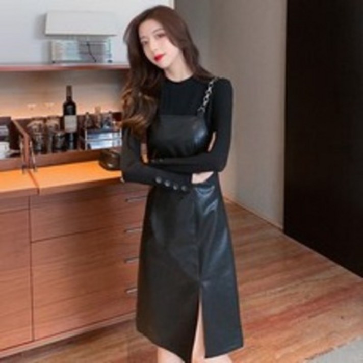 프렌치 초 가을 끈나시 슬립 가죽 원피스코디세트 여성 겨울 가을 셀럽 미디롱 PU 가죽 투피스