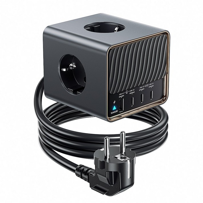 Toocki GaN PD 67W PPS 3C1A 4포트 3구 4000W 고용량 고속충전 충전기 납작 큐브 멀티탭, 1개, 블랙, 2m