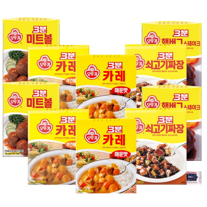 오뚜기 3분 카레 소스 5종 10개입 (3분카레 매운맛2 + 3분카레 약간매운맛2 + 쇠고기짜장2 + 햄버그스테이크2 + 미트볼2) + 블루존물티슈, 1세트