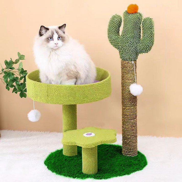 국내발송 ZUGE 고양이 기둥형 3단 선인장 스크래쳐 캣타워 고양이장난감, 녹색