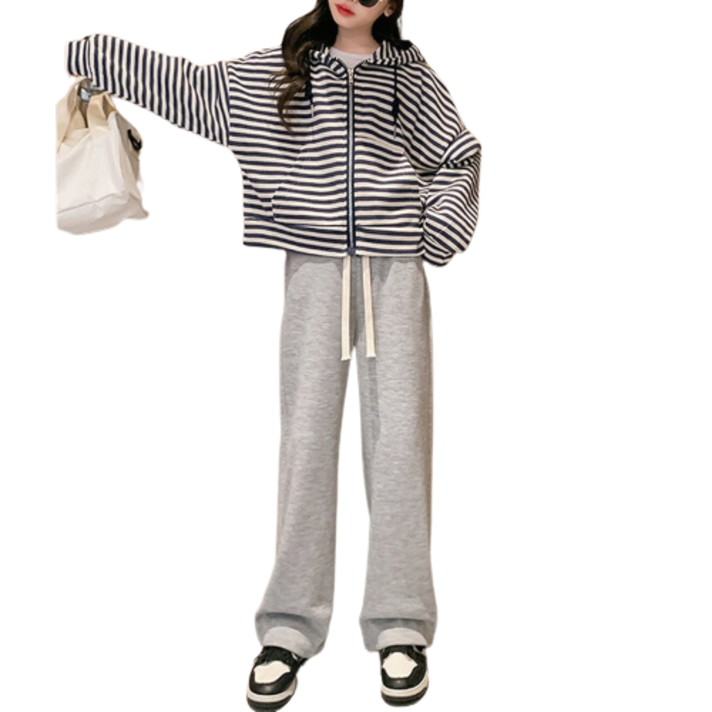 도오빠 스틀렝 아동 상하세트 그레이 집업 후드 점퍼 스트라이프 줄무늬 루즈핏 밴딩 팬츠 트레이닝 추리닝 바지 주니어 키즈 봄 가을 상하복 ~170