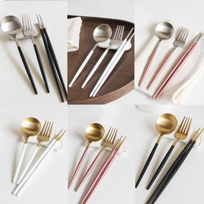 MENARE 골드 실버 큐티 모던 심플 샐러드 파스타 다이어트 수저 포크 2인 세트, 골드핑크