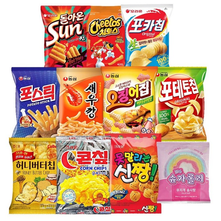 [씩씩가게] 브랜드별 총 11봉 썬칩 치토스 포카칩 포스틱 새우깡 오징어집 포테토칩 허니버터칩 콘칩 신짱 + 디저트 솜사탕 슈가롤리, 1set