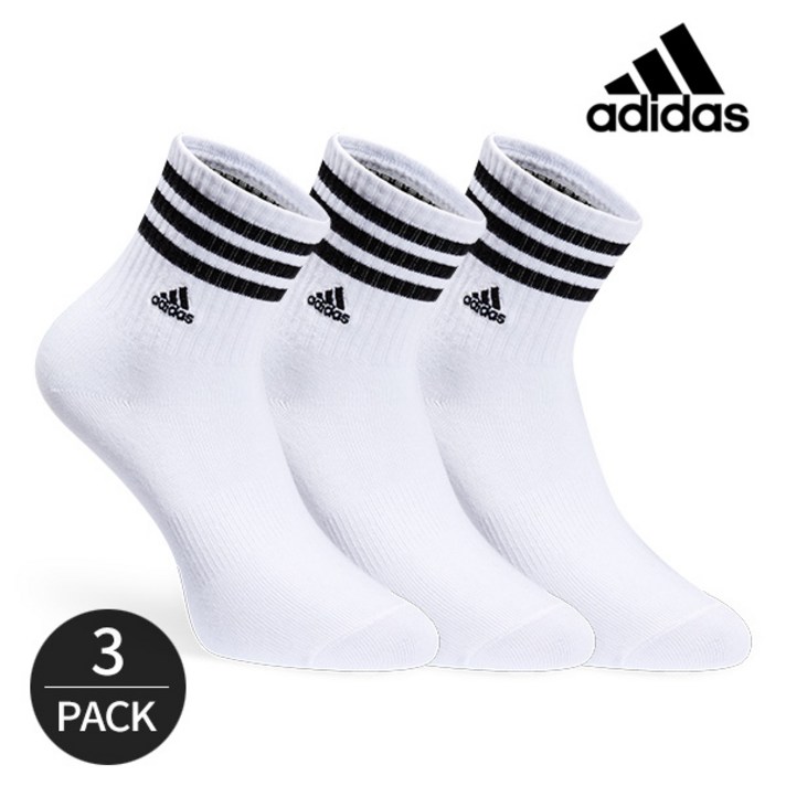 [국내생산]아디다스 여성 퍼포먼스 솔리드 미드컷 삼선 중목양말 3족세트 화이트, FREE
