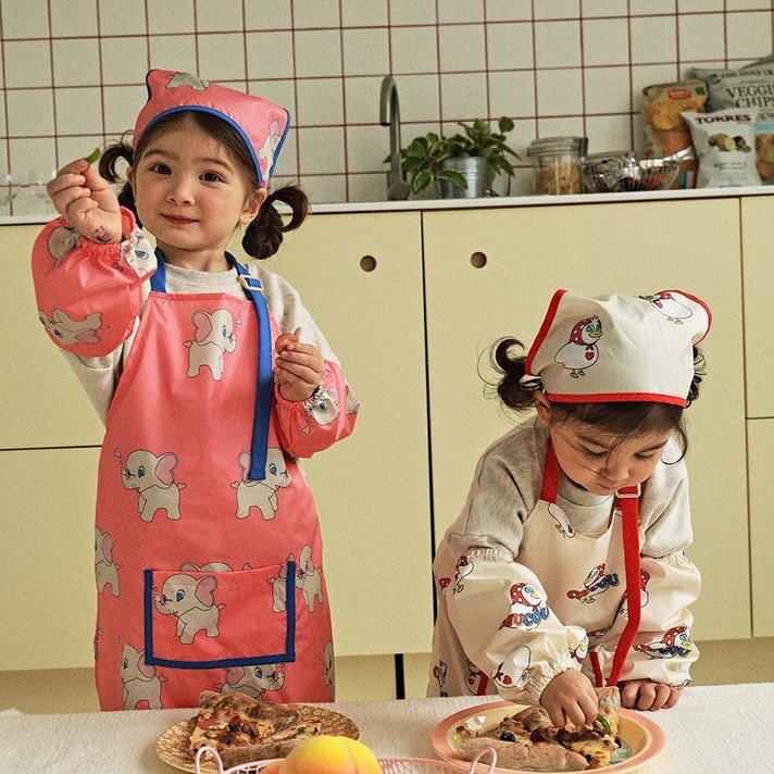 오우아스튜디오 아동용 어린이집 유치원 앞치마 두건 팔토시 세트, 더비 핑크