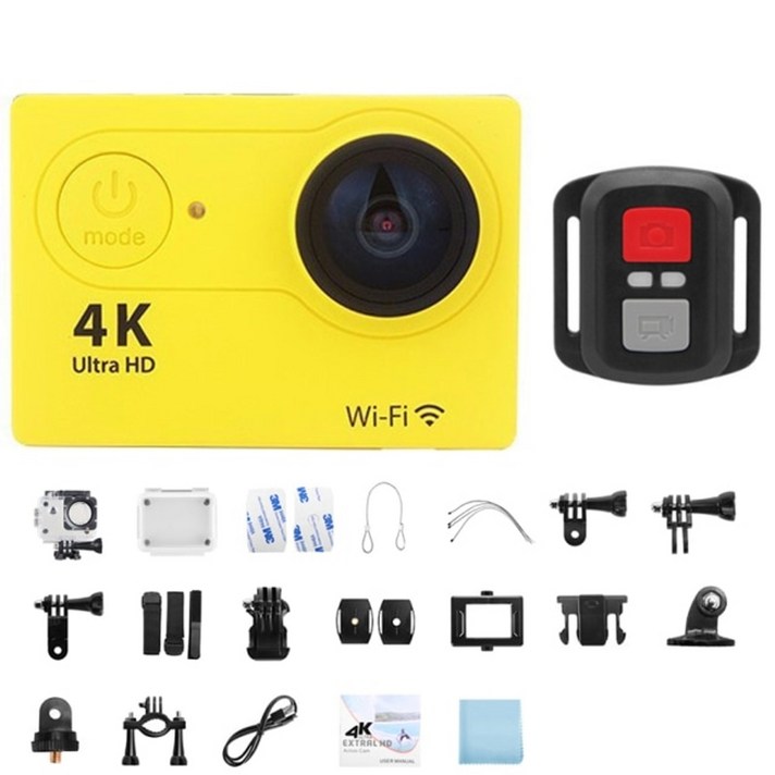 헬멧카메라 액션 카메라 울트라 HD 4K30fps WiFi 2.0 170D 수중 방수, 옐로우 텔레컨트롤, 카드 없음