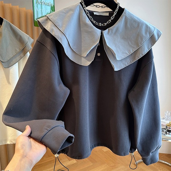 ORZQU 여성 맨투맨 빅카라 프릴 밑단 스트링 4컬러 루즈핏 빅사이즈 맨투맨 티셔츠 M4XL