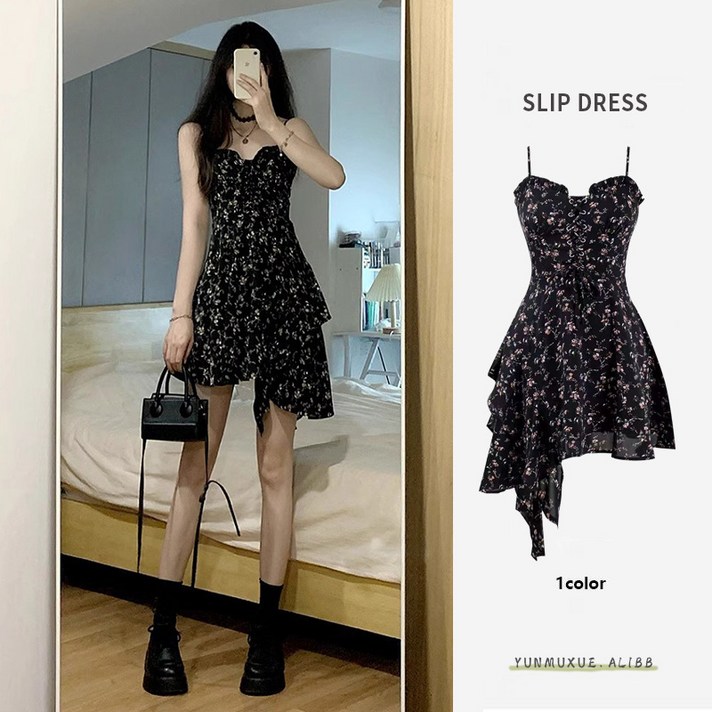 언밸런스 디자인 나시 블랙 플라워 원피스 언밸런스 디자인 나시 블랙 플라워 원피스