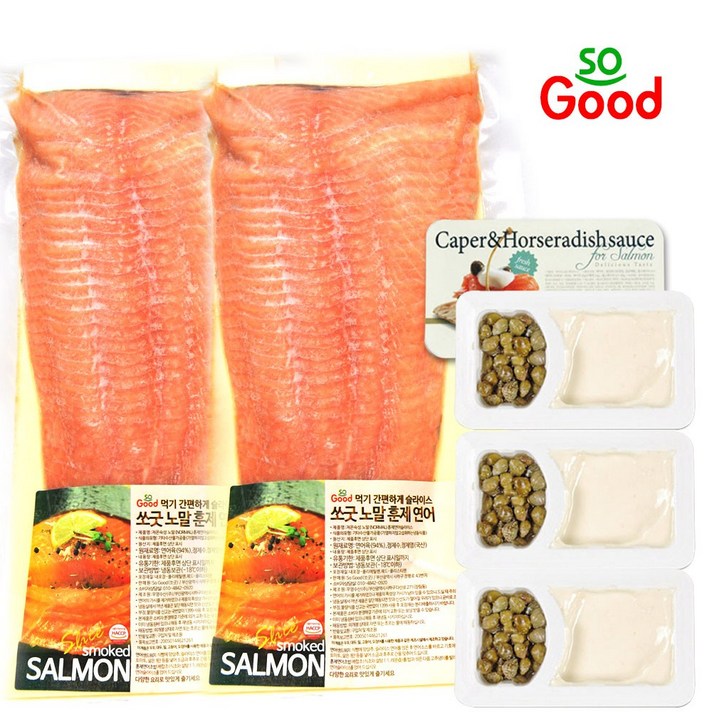 [So Good]쏘굿 훈제연어 슬라이스 700g*2개+케이퍼&홀스래디쉬소스3개, 1set, 700g*2+소스3개