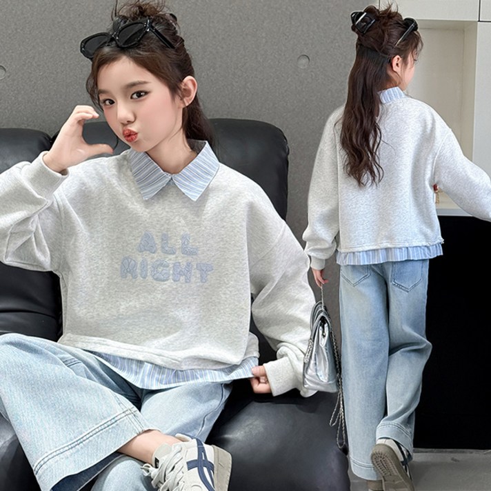 비비키드 주니어 상의 초등생 하의 세트 신상 ALL RIGHT 스트라이프 레이어드 여아 봄 가을 세트 초중생 긴팔 데님 긴바지 초등생 상하세트 C2556