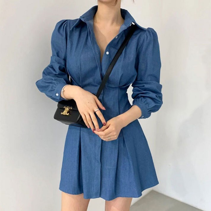 루씨앤 브란스 데님원피스 하객룩 결혼식 카라 긴팔 슬림 플리츠 미니 여성원피스 9565