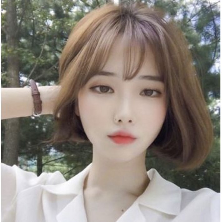 한수위 여성용 C컬펌 단발 통가발, 브라운