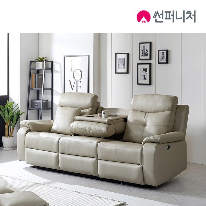 썬퍼니처 전동 리클라이너 소파 3인 4인 6인 독립스프링 오리털 USB 에어레더/PU, 7104_3인용_PU베이지