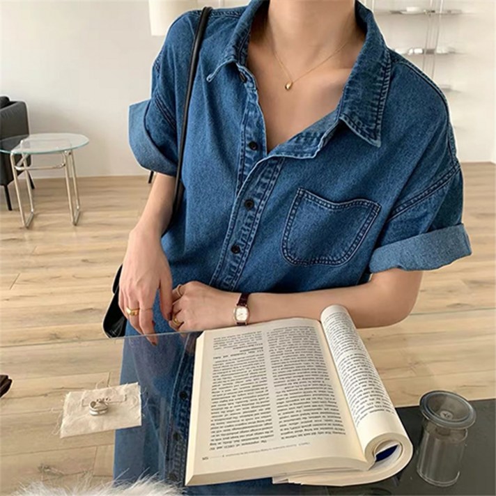 순이들 여성 청 데님 롤업 반팔 셔츠 원피스