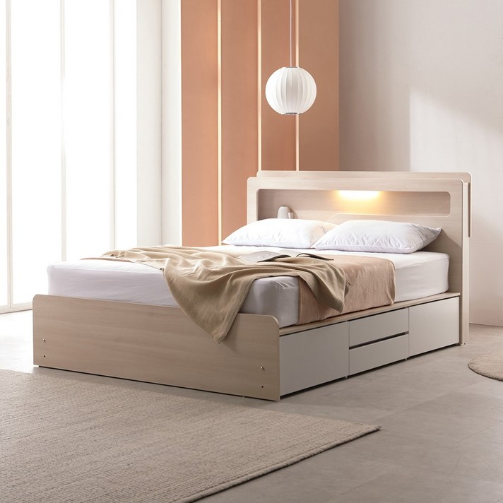 크렌시아 리비앙 LED 벙커 4단 서랍 수납 슈퍼싱글/퀸 침대프레임+본넬매트, 메이플화이트