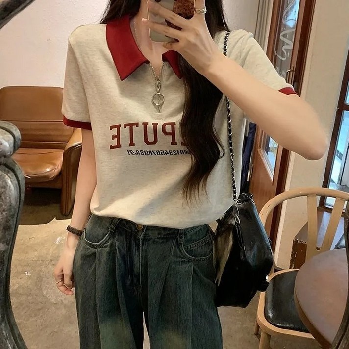 더블유앤케이 여성 여름 카라넥 패치워크 색상 티셔츠