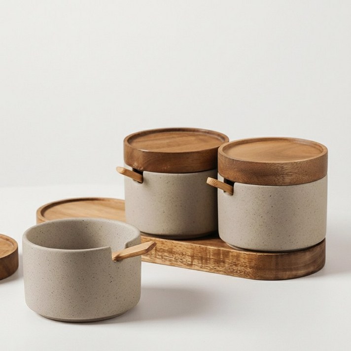 마이키친 전참시 업소용 밀폐 도자기 양념통 세트 조미료통, 양념통3개  트레이, 1세트