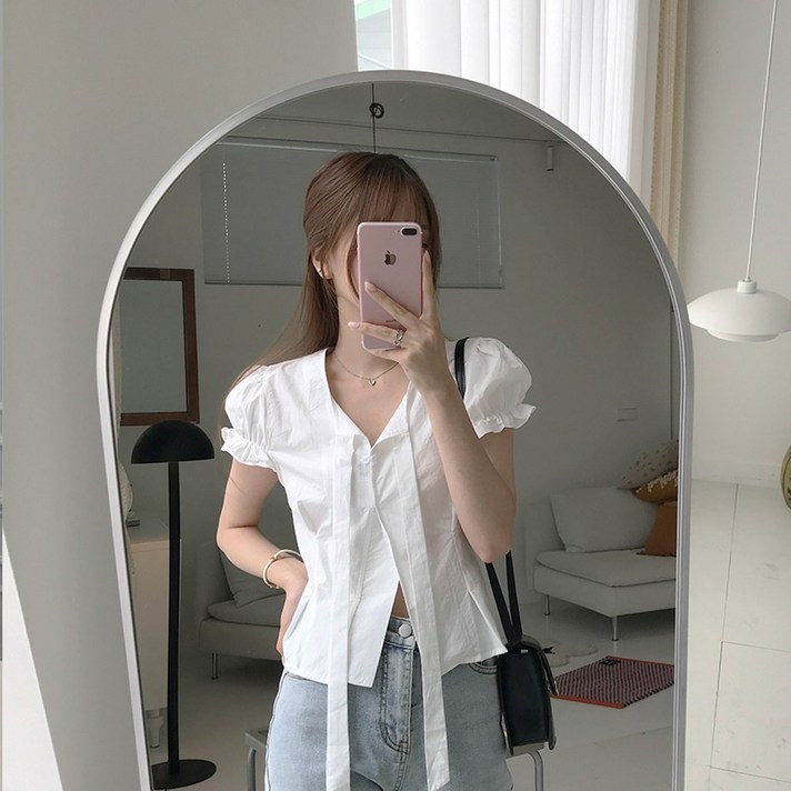 1015마켓자체제작 애나 퍼프소매 리본 블라우스