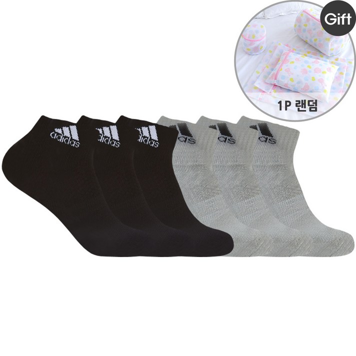 아디다스 남성 스포츠 양말 6팩 세트 + 사은품랜덤 발목 양말 두꺼운 발편한 양말, 블랙 3P+그레이 3P