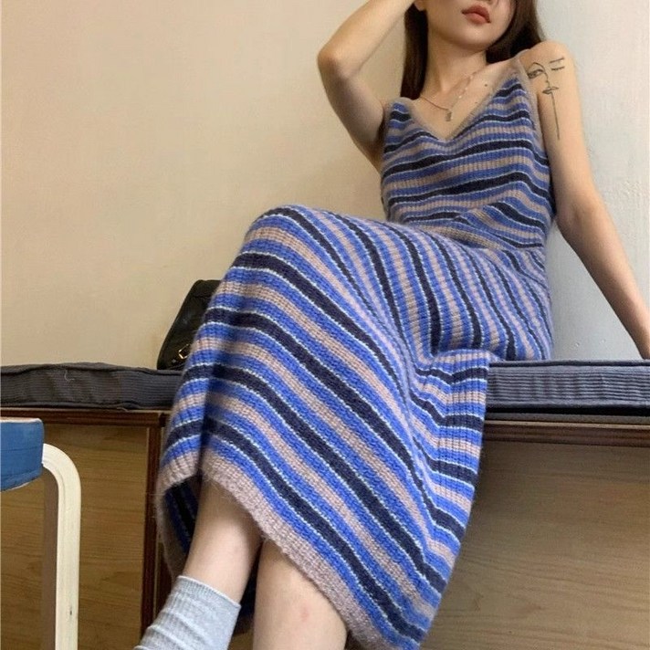 해피유통 여성 봄가을 스트라이프 트렌드 루즈핏 컬러 이너 니트 나시 원피스 gdwx