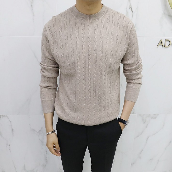 아도르클래식 트위드 꽈배기 캐시미어 라운드 긴팔 니트(ZR)