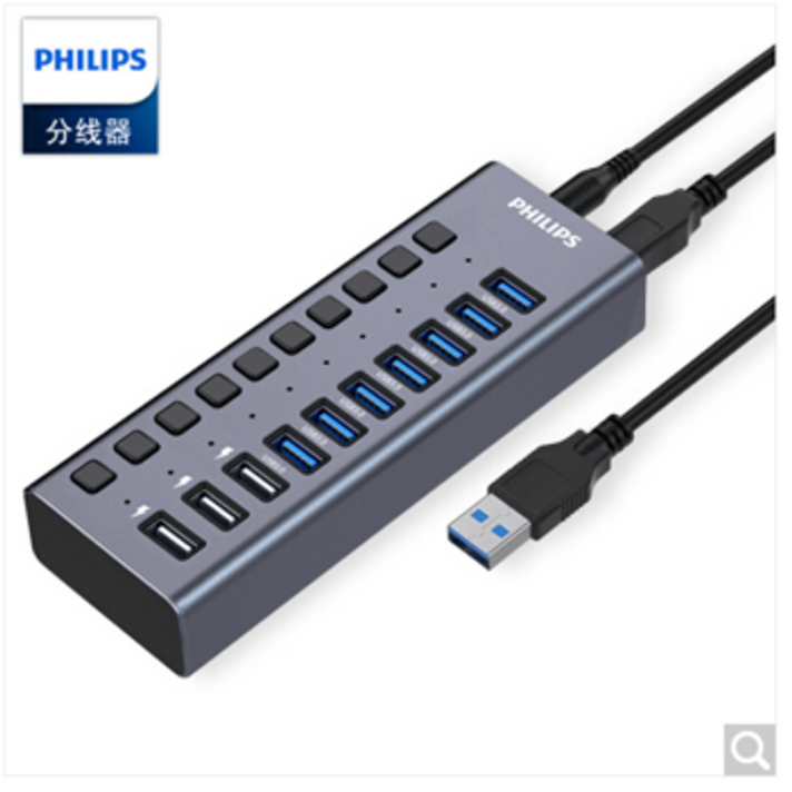 멀티 허브 c타입 usb3.0 유전원 usbc 필립스 USB3 0 분배기 7개용 고속 확장 7포트 10HUB 허브 확장 케이블 데스크탑 노트북 다중 인터페이스 컨버터 도킹 전원, 12V4A 전원 어댑터 USB3.0 원드래그 10