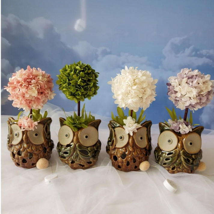 1000일동안시들지않는생화수국 프리저브드 부엉이무드등 꽃선물 집들이선물 사무실인테리어 개업선물 생일선물 특별한선물, 투톤분홍