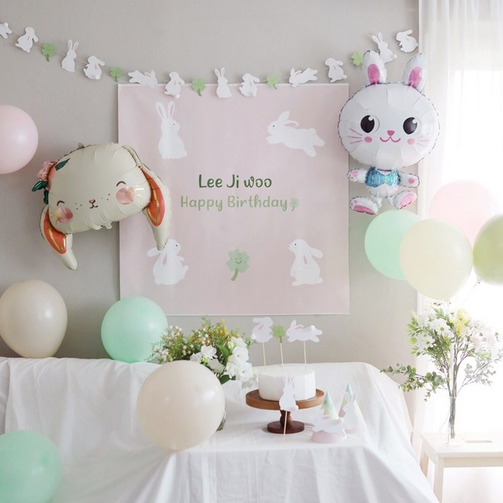 파티조엘 카툰 토끼와 플라워 토끼 풍선큰 눈의 귀여운 래빗 벌룬 네추럴 생일파티