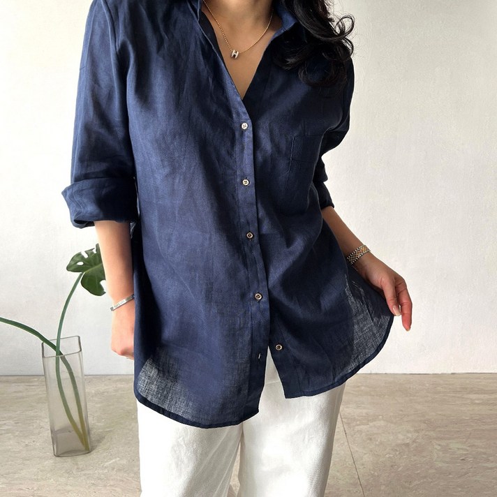 네모엔룩 여성용 플렉스린넨 여름 린넨100 셔츠 카라 브이넥 마 남방 긴소매 블라우스 NL
