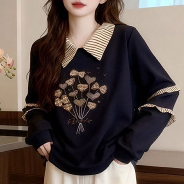 쁘띠꼬모 여성 오버핏 카라 프릴 맨투맨 데일리 캐주얼 GX2121711