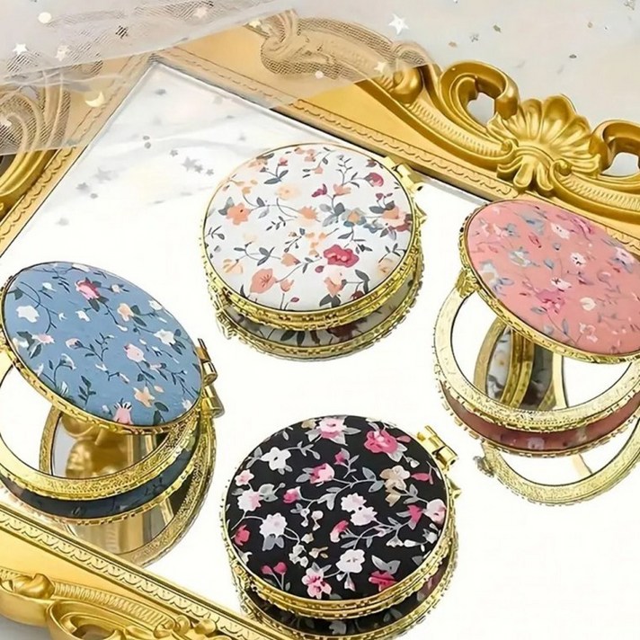 꽃무늬 휴대용 손거울 양면 접이식 원형 미니 거울 패브릭 케이스 포켓 미러 화장 소품, 1개, 화이트