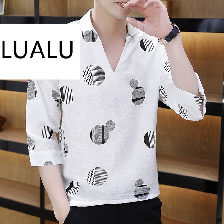 남자 난방 오버핏 7부 셔츠 칠부 남방 여름 꽃 얼음 실크 반팔 T 한국어 버